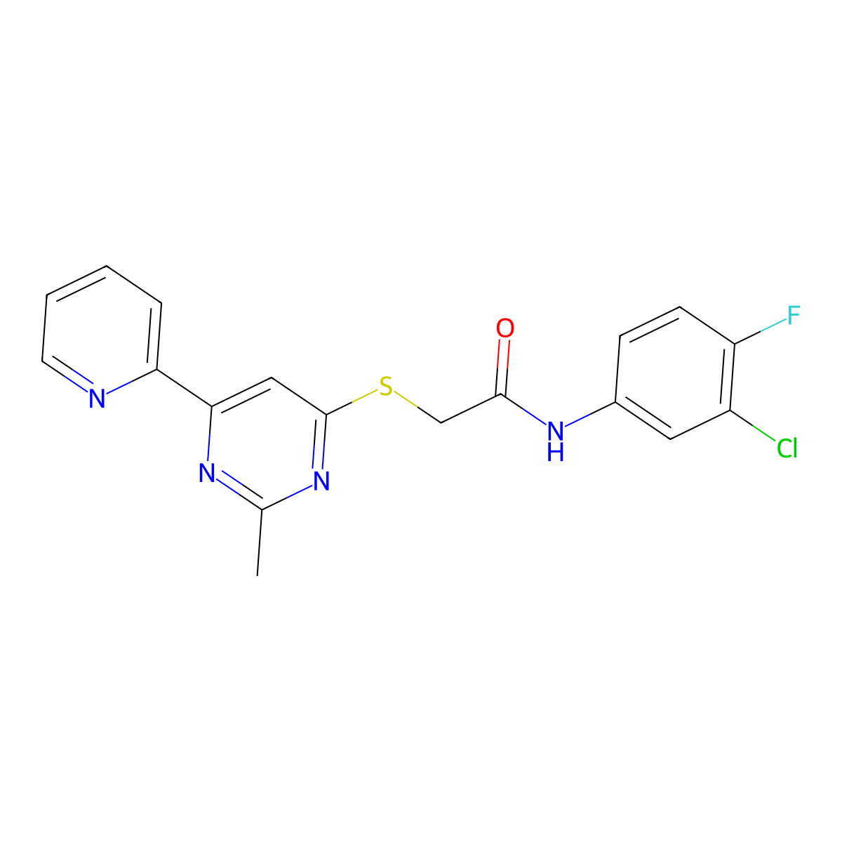 N-(3-chloro-4-fluorophenyl)-2-((2-methyl-6-(pyridin-2-yl)pyrimidin-4-yl)thio)acetamide molecular structure, CAS 1251616-49-5