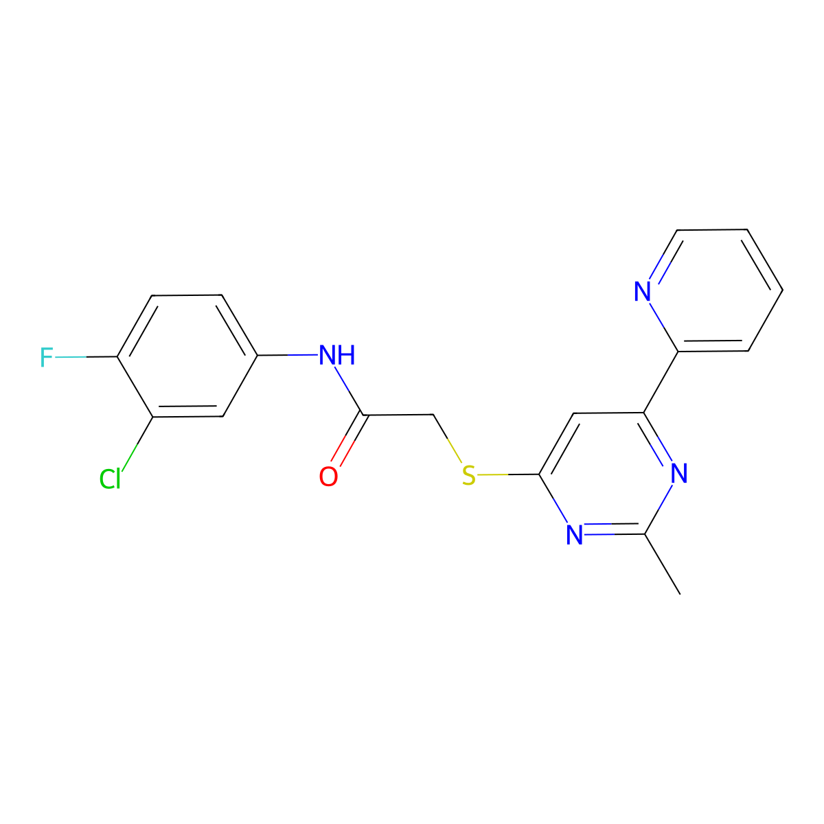 N-(3-chloro-4-fluorophenyl)-2-((2-methyl-6-(pyridin-2-yl)pyrimidin-4-yl)thio)acetamide molecular structure, CAS 1251616-49-5