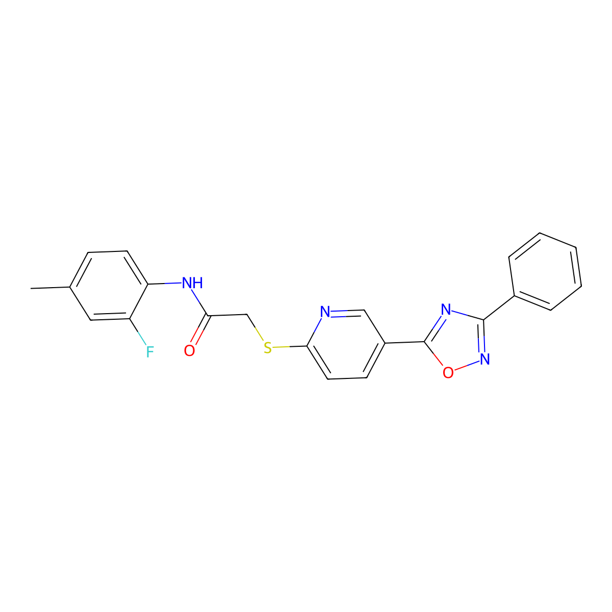 N-(2-fluoro-4-methylphenyl)-2-((5-(3-phenyl-1,2,4-oxadiazol-5-yl)pyridin-2-yl)thio)acetamide molecular structure, CAS 1251616-54-2