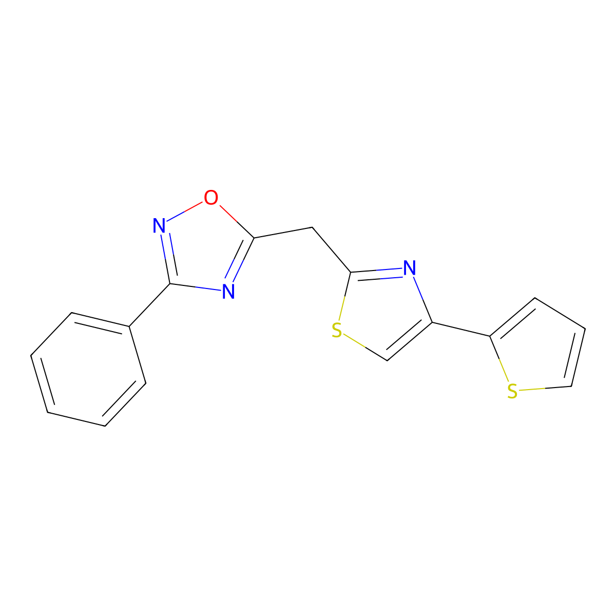 3-Phenyl-5-((4-(thiophen-2-yl)thiazol-2-yl)methyl)-1,2,4-oxadiazole molecular structure, CAS 1251616-58-6