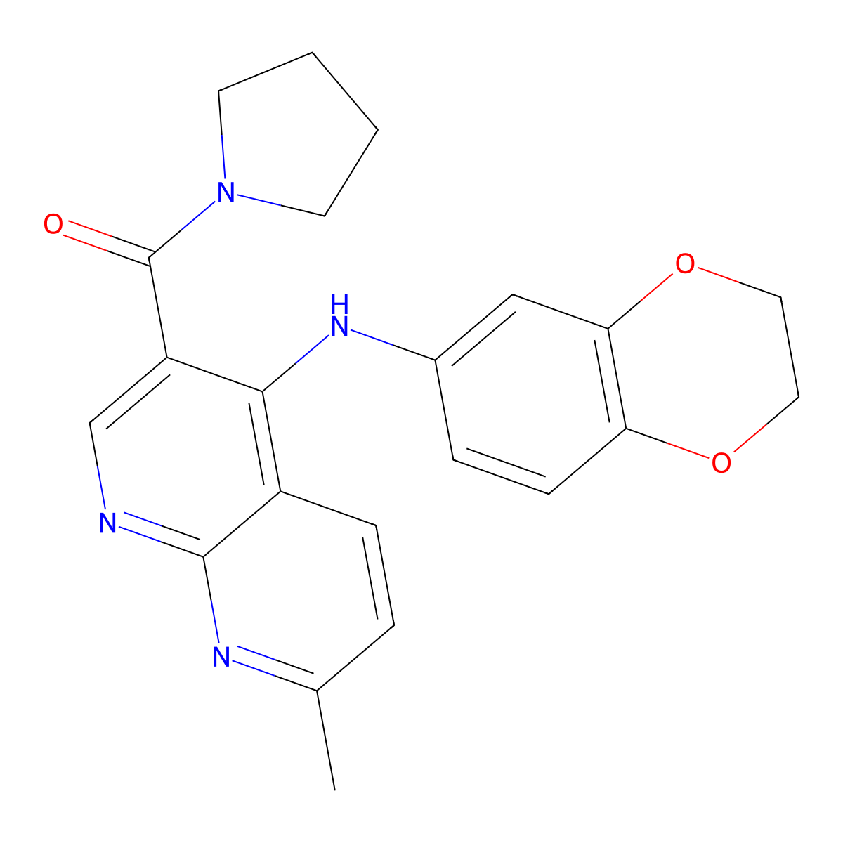 (4-((2,3-Dihydrobenzo[b][1,4]dioxin-6-yl)amino)-7-methyl-1,8-naphthyridin-3-yl)(pyrrolidin-1-yl)methanone molecular structure, CAS 1251616-64-4