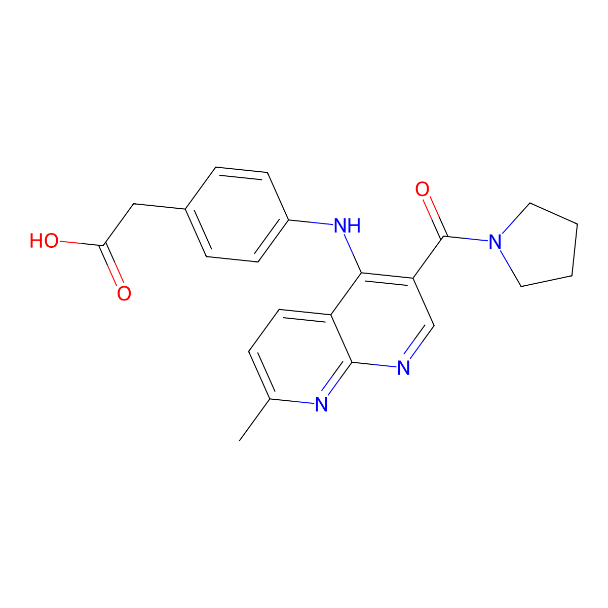 2-(4-((7-Methyl-3-(pyrrolidine-1-carbonyl)-1,8-naphthyridin-4-yl)amino)phenyl)acetic acid molecular structure, CAS 1251616-72-4