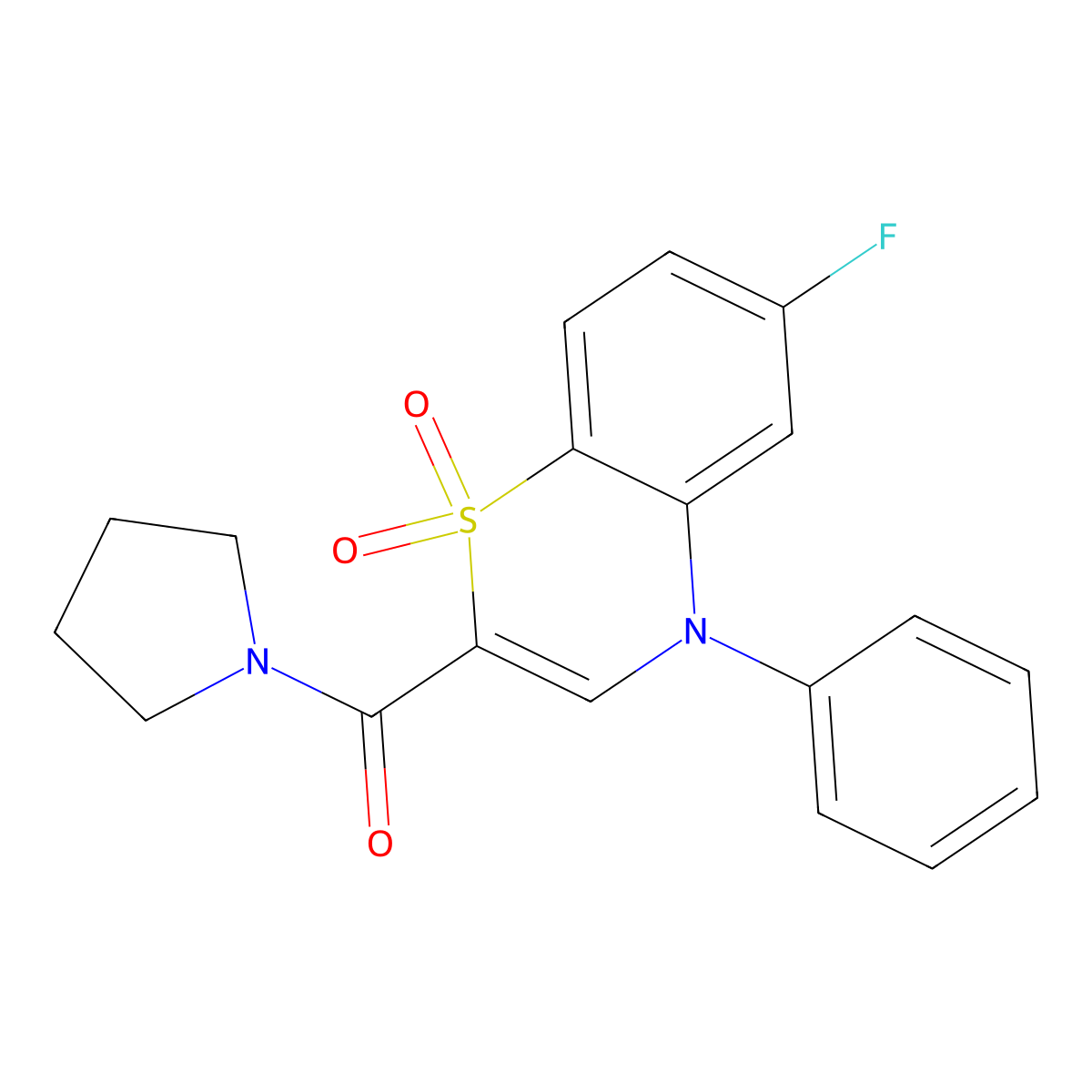 (6-fluoro-1,1-dioxido-4-phenyl-4H-benzo[b][1,4]thiazin-2-yl)(pyrrolidin-1-yl)methanone molecular structure, CAS 1251616-82-6