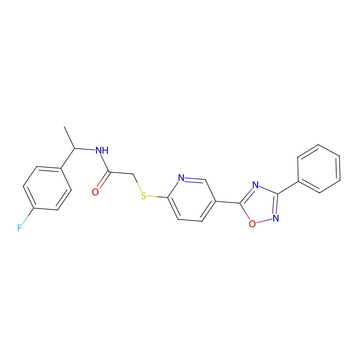 N-(1-(4-fluorophenyl)ethyl)-2-((5-(3-phenyl-1,2,4-oxadiazol-5-yl)pyridin-2-yl)thio)acetamide molecular structure, CAS 1251616-86-0