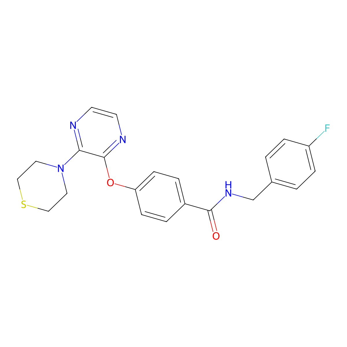 N-(4-fluorobenzyl)-4-[(3-thiomorpholin-4-ylpyrazin-2-yl)oxy]benzamide molecular structure, CAS 1251617-24-9