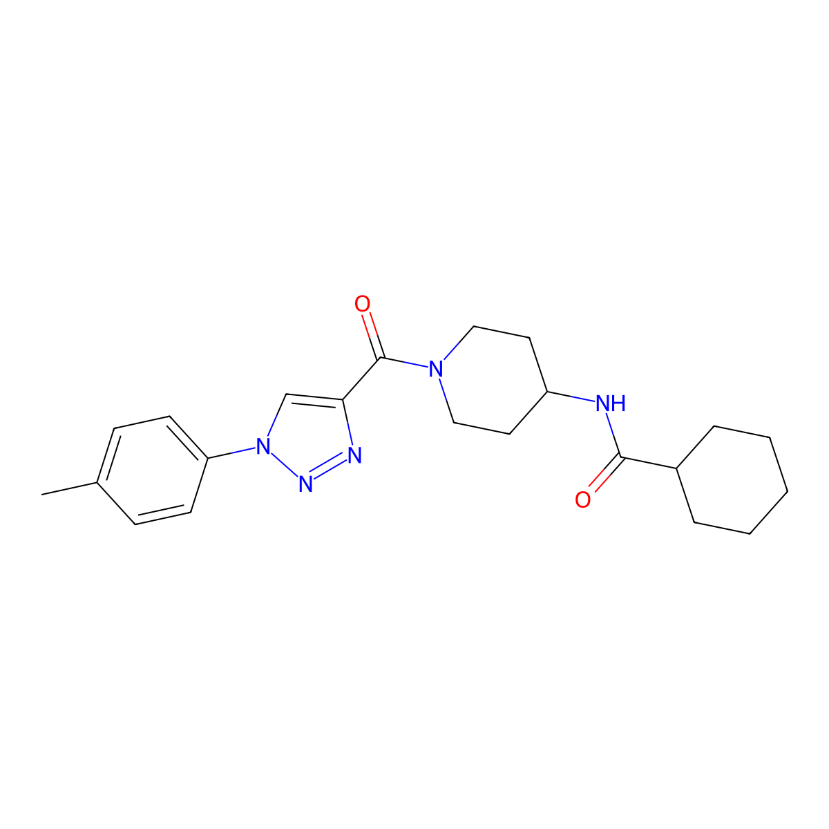 N-(1-(1-(p-tolyl)-1H-1,2,3-triazole-4-carbonyl)piperidin-4-yl)cyclohexanecarboxamide molecular structure, CAS 1251617-25-0