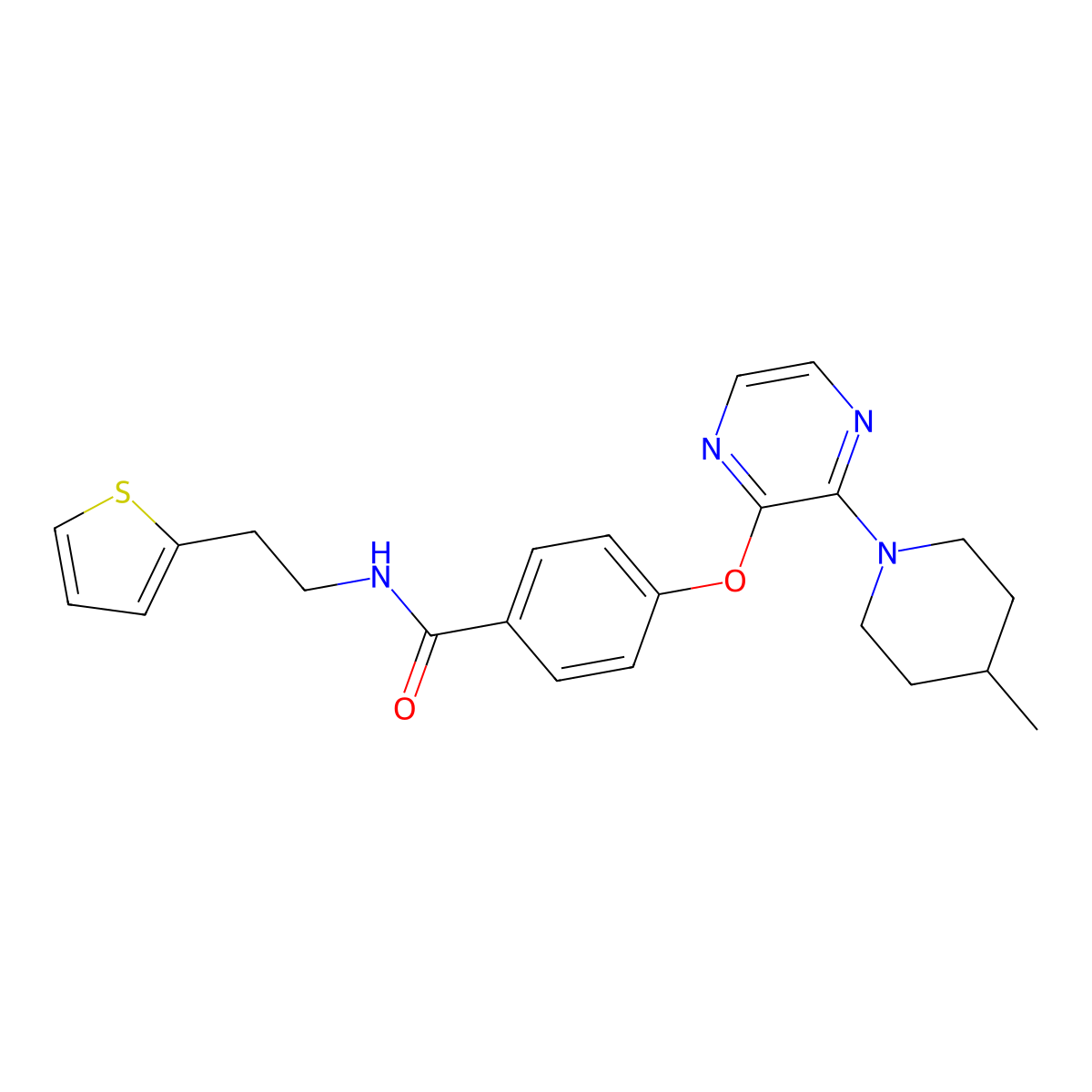 4-((3-(4-methylpiperidin-1-yl)pyrazin-2-yl)oxy)-N-(2-(thiophen-2-yl)ethyl)benzamide molecular structure, CAS 1251617-31-8