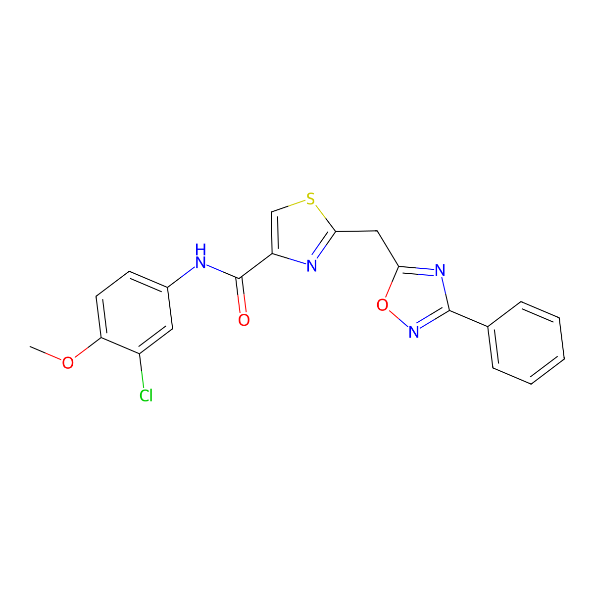 N-(3-chloro-4-methoxyphenyl)-2-((3-phenyl-1,2,4-oxadiazol-5-yl)methyl)thiazole-4-carboxamide molecular structure, CAS 1251617-41-0