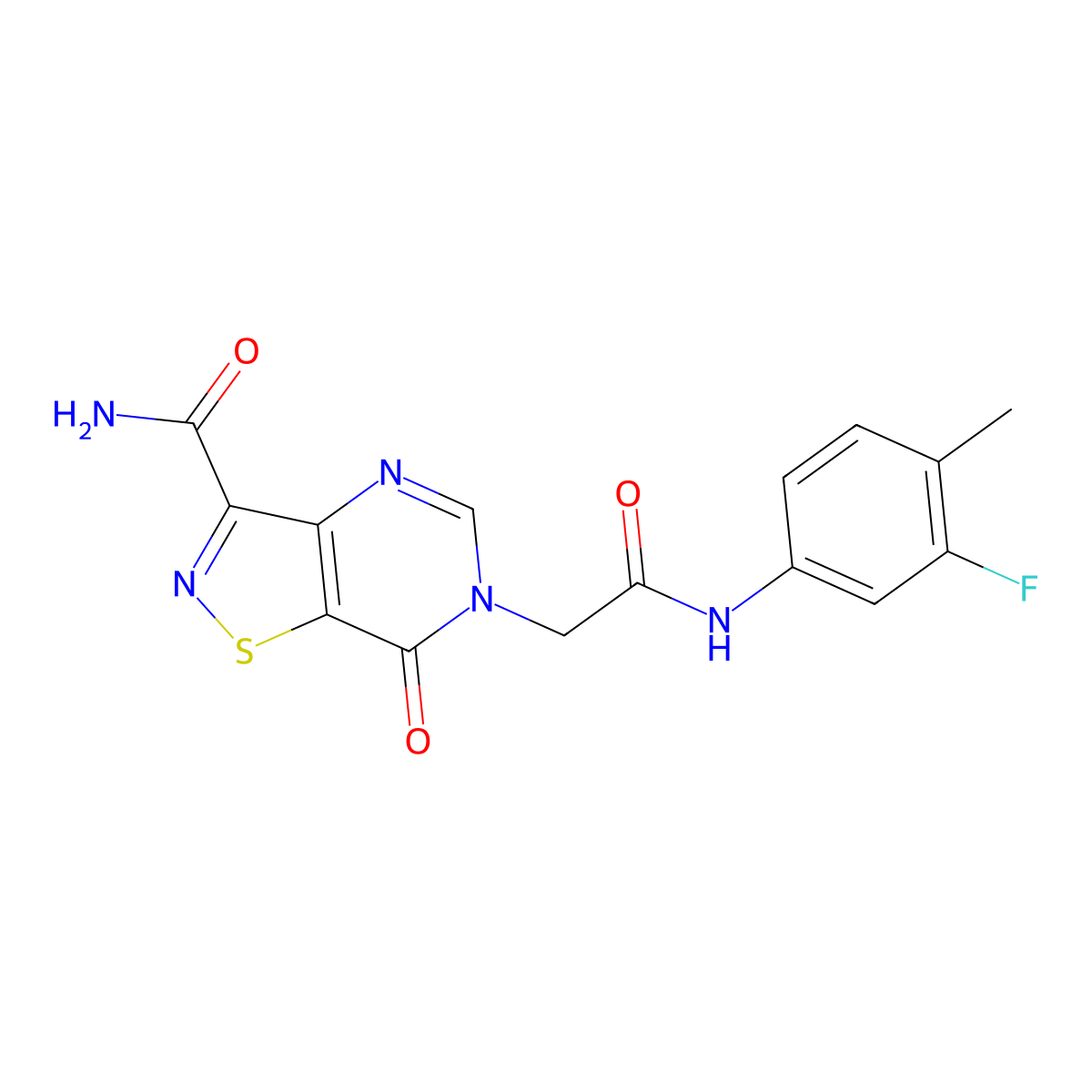 6-{[(3-fluoro-4-methylphenyl)carbamoyl]methyl}-7-oxo-6H,7H-[1,2]thiazolo[4,5-d]pyrimidine-3-carboxamide molecular structure, CAS 1251617-52-3
