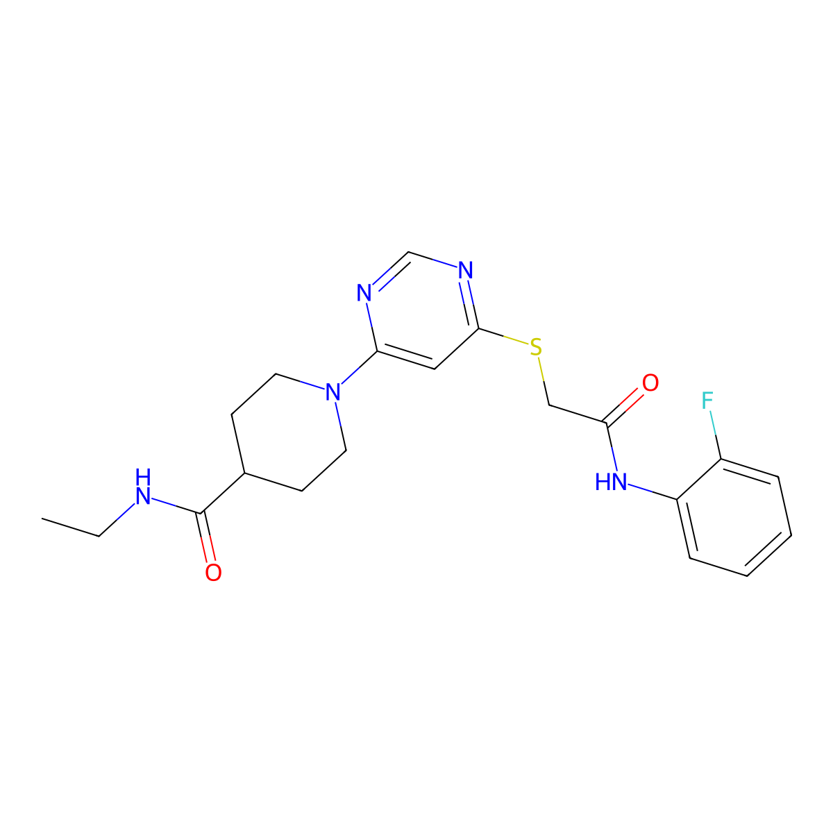 N-ethyl-1-(6-((2-((2-fluorophenyl)amino)-2-oxoethyl)thio)pyrimidin-4-yl)piperidine-4-carboxamide molecular structure, CAS 1251617-63-6