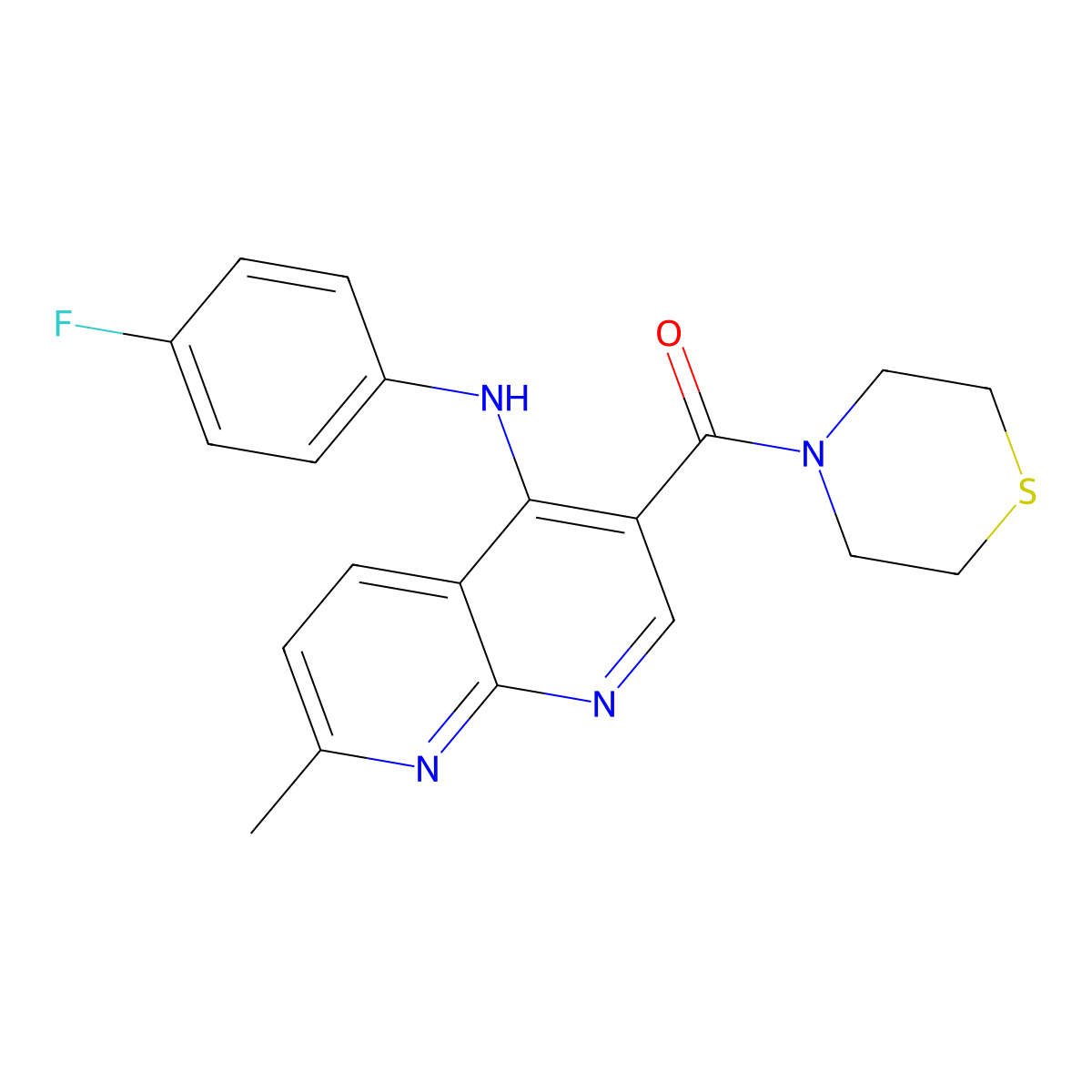 N-(4-fluorophenyl)-7-methyl-3-(thiomorpholine-4-carbonyl)-1,8-naphthyridin-4-amine molecular structure, CAS 1251618-18-4