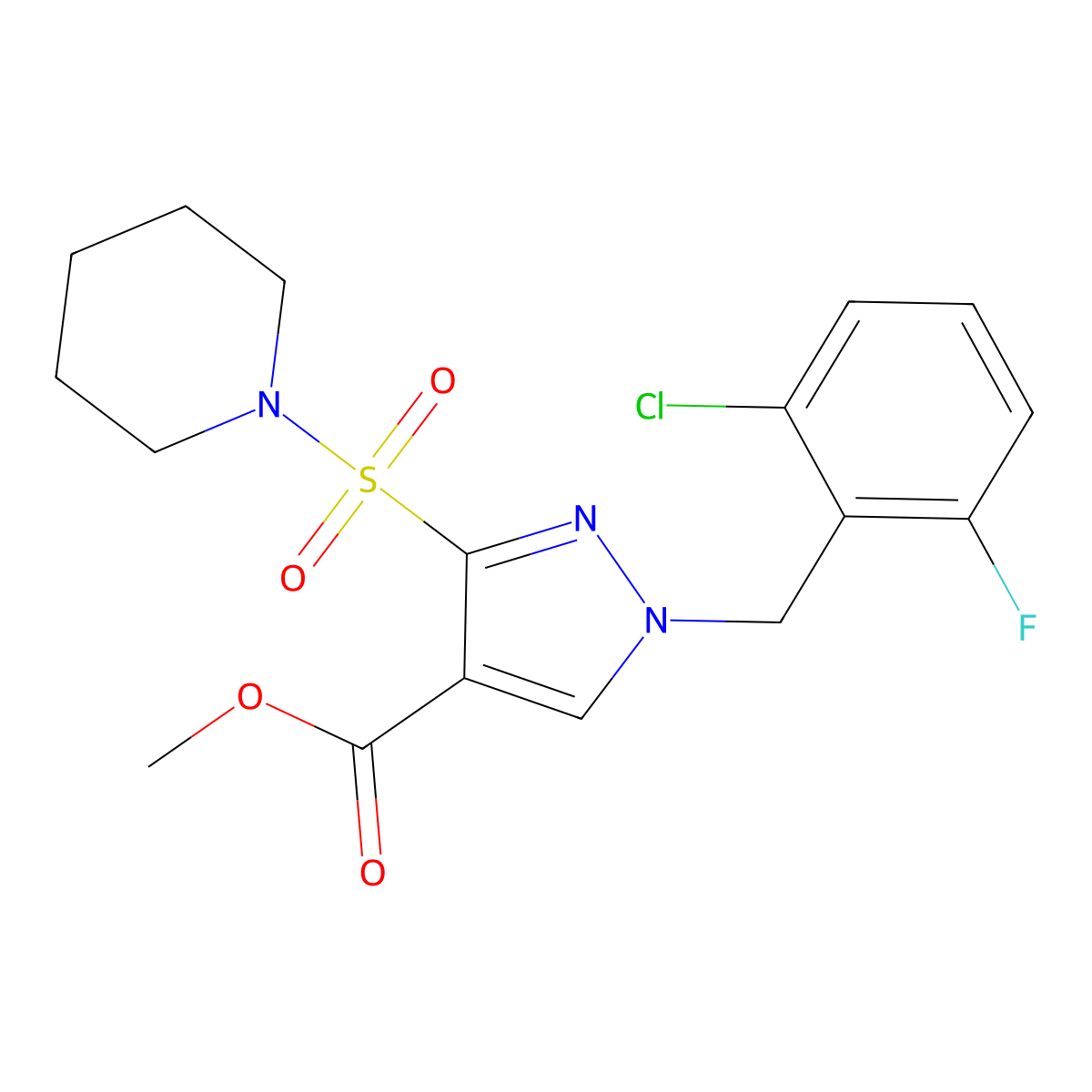 methyl 1-(2-chloro-6-fluorobenzyl)-3-(piperidin-1-ylsulfonyl)-1H-pyrazole-4-carboxylate molecular structure, CAS 1251618-26-4