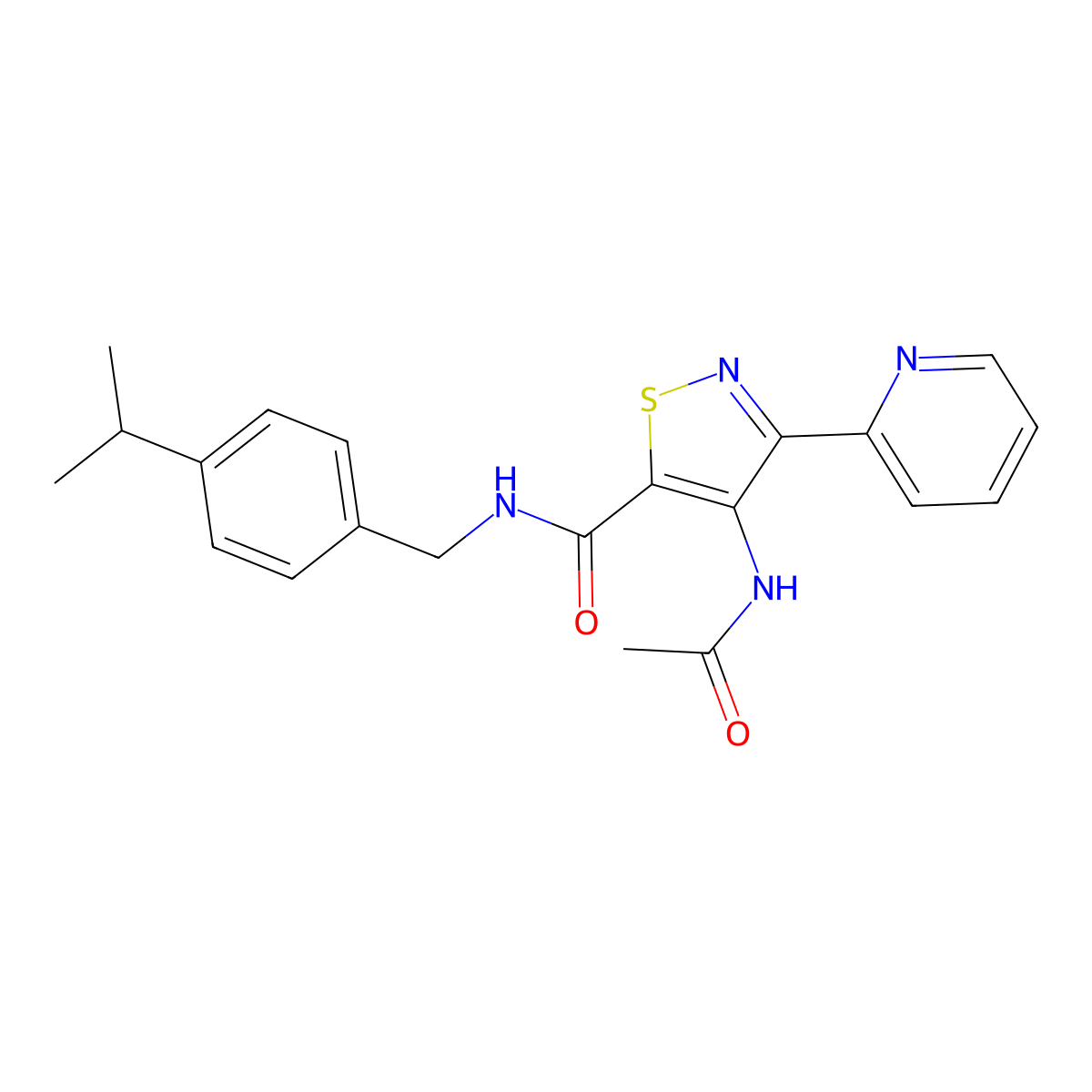 4-acetamido-N-{[4-(propan-2-yl)phenyl]methyl}-3-(pyridin-2-yl)-1,2-thiazole-5-carboxamide molecular structure, CAS 1251618-33-3