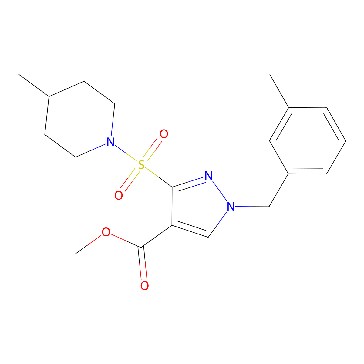 methyl 1-(3-methylbenzyl)-3-((4-methylpiperidin-1-yl)sulfonyl)-1H-pyrazole-4-carboxylate molecular structure, CAS 1251618-48-0