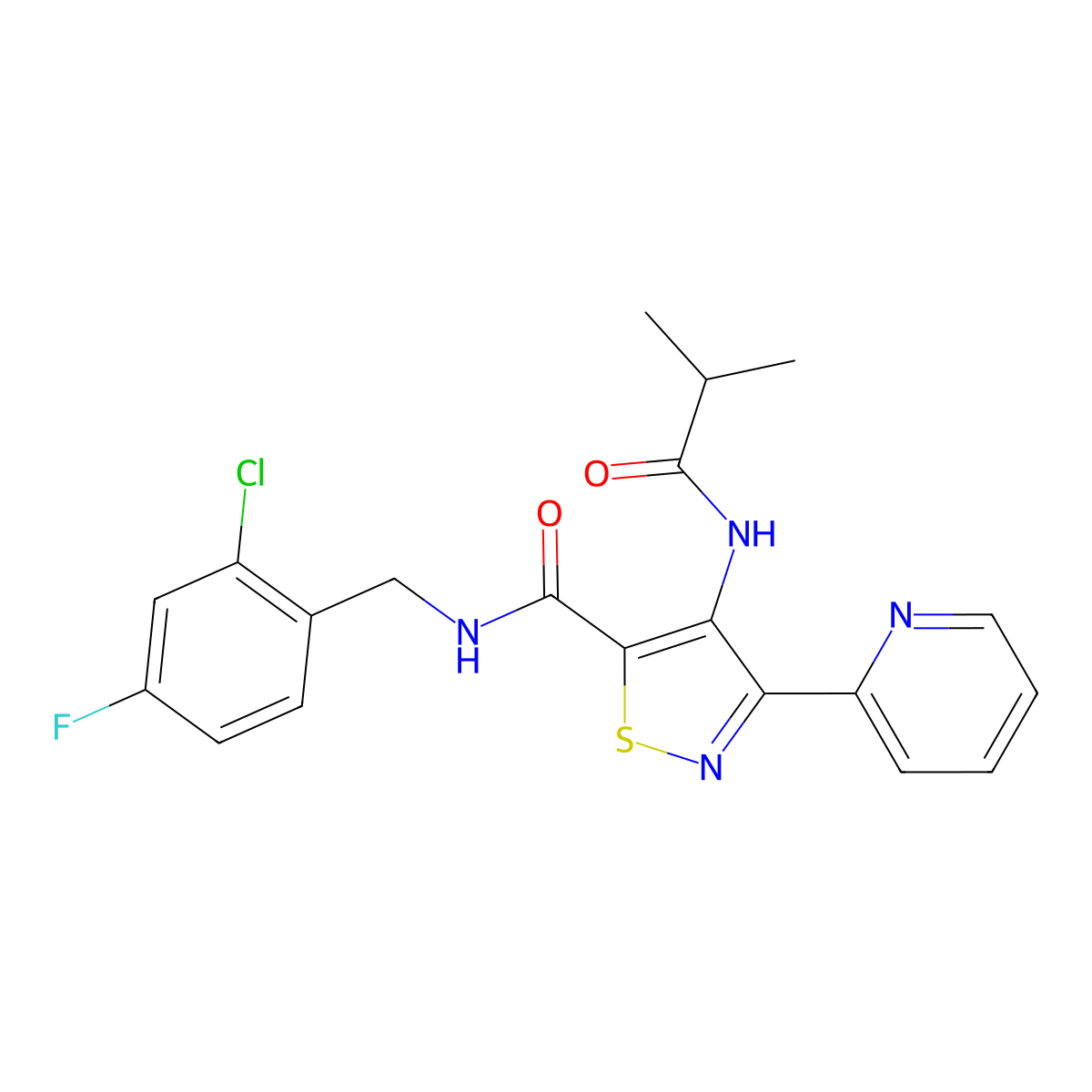 N-[(2-chloro-4-fluorophenyl)methyl]-4-(2-methylpropanamido)-3-(pyridin-2-yl)-1,2-thiazole-5-carboxamide molecular structure, CAS 1251618-52-6