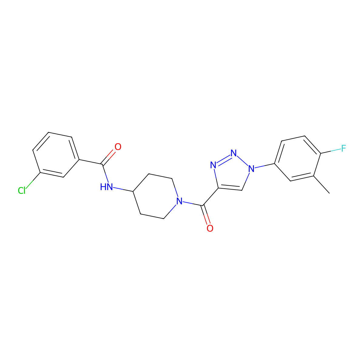 3-chloro-N-(1-(1-(4-fluoro-3-methylphenyl)-1H-1,2,3-triazole-4-carbonyl)piperidin-4-yl)benzamide molecular structure, CAS 1251618-54-8