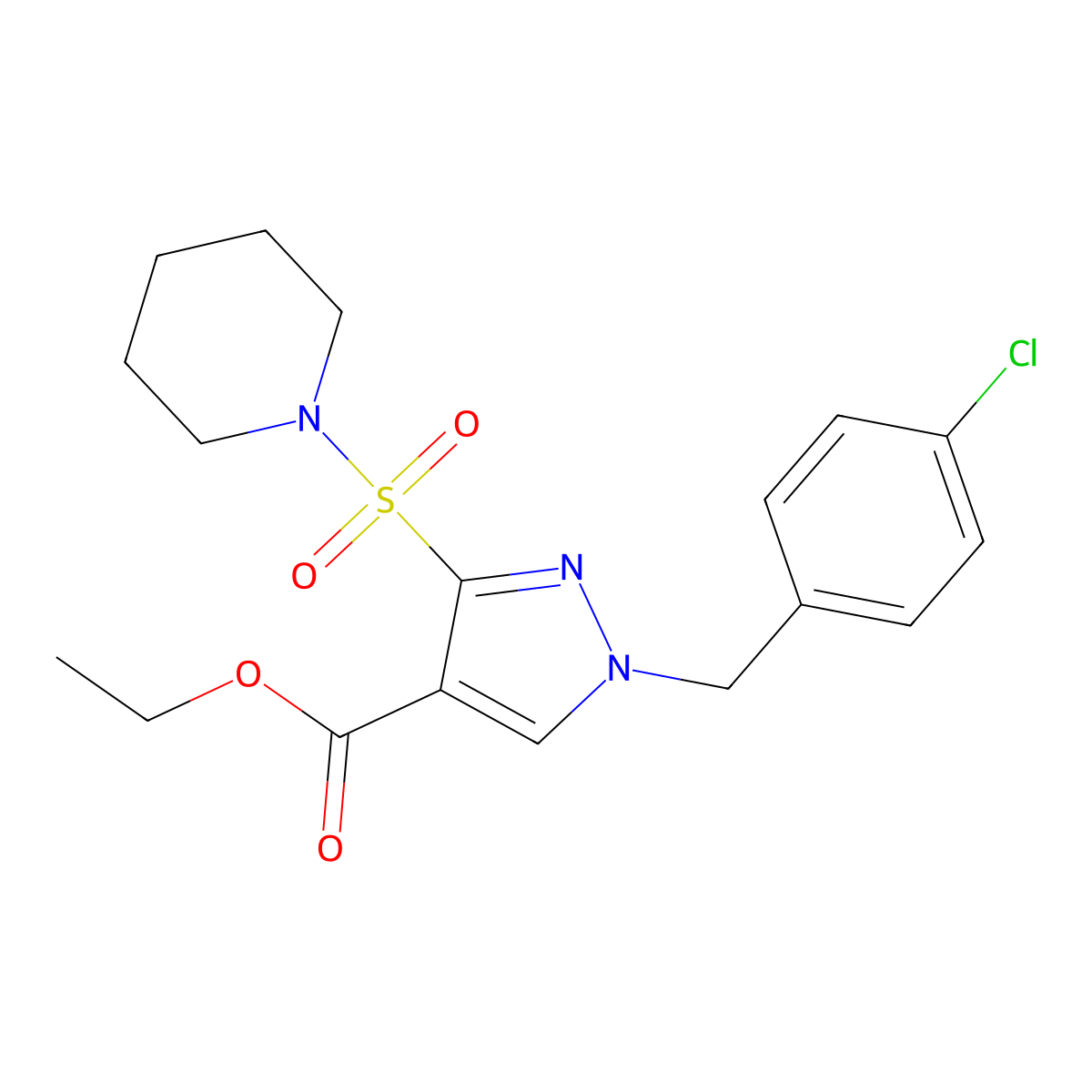 ethyl 1-(4-chlorobenzyl)-3-(piperidin-1-ylsulfonyl)-1H-pyrazole-4-carboxylate molecular structure, CAS 1251618-56-0