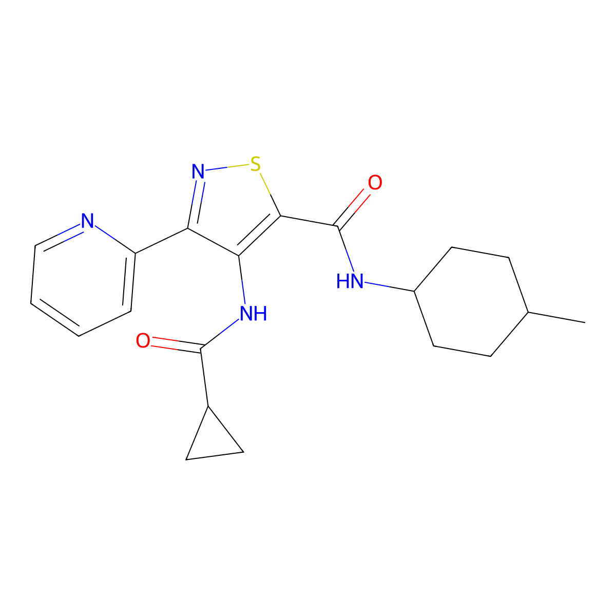 4-(cyclopropanecarboxamido)-N-(4-methylcyclohexyl)-3-(pyridin-2-yl)isothiazole-5-carboxamide molecular structure, CAS 1251618-57-1