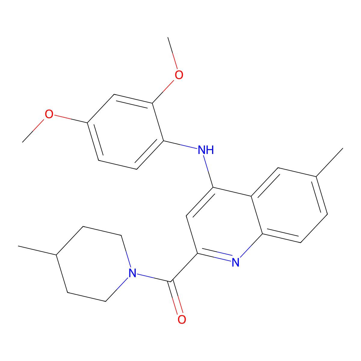 (4-((2,4-Dimethoxyphenyl)amino)-6-methylquinolin-2-yl)(4-methylpiperidin-1-yl)methanone molecular structure, CAS 1251618-72-0