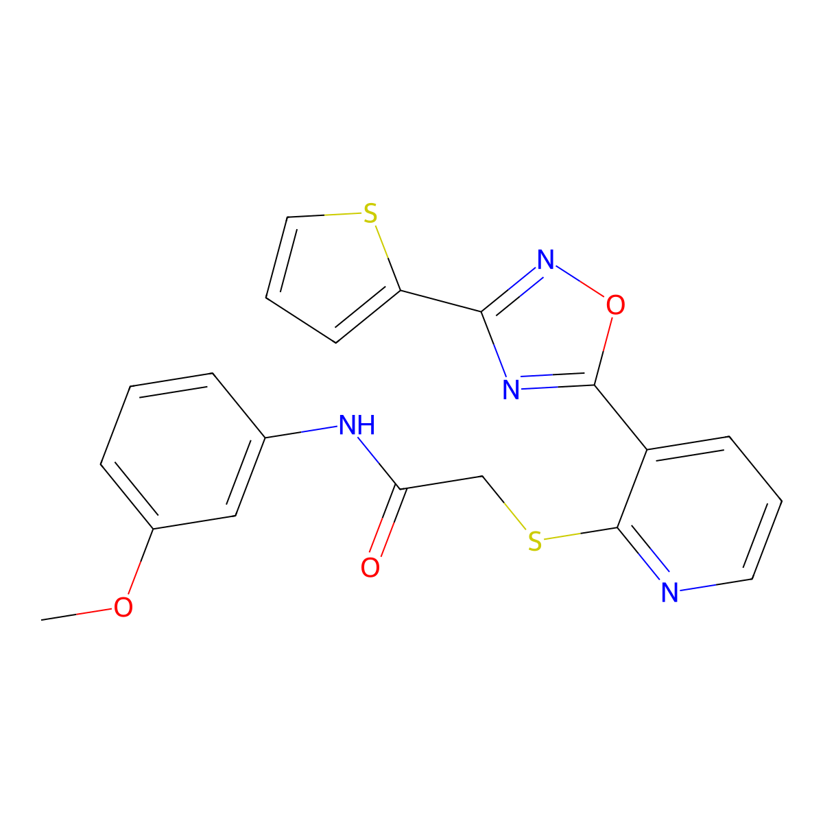 N-(3-methoxyphenyl)-2-((3-(3-(thiophen-2-yl)-1,2,4-oxadiazol-5-yl)pyridin-2-yl)thio)acetamide molecular structure, CAS 1251618-73-1