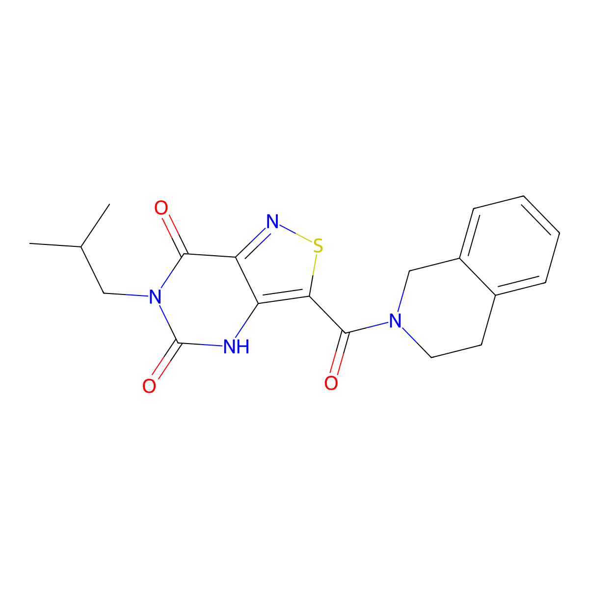 6-(2-methylpropyl)-3-(1,2,3,4-tetrahydroisoquinoline-2-carbonyl)-4H,5H,6H,7H-[1,2]thiazolo[4,3-d]pyrimidine-5,7-dione molecular structure, CAS 1251618-75-3