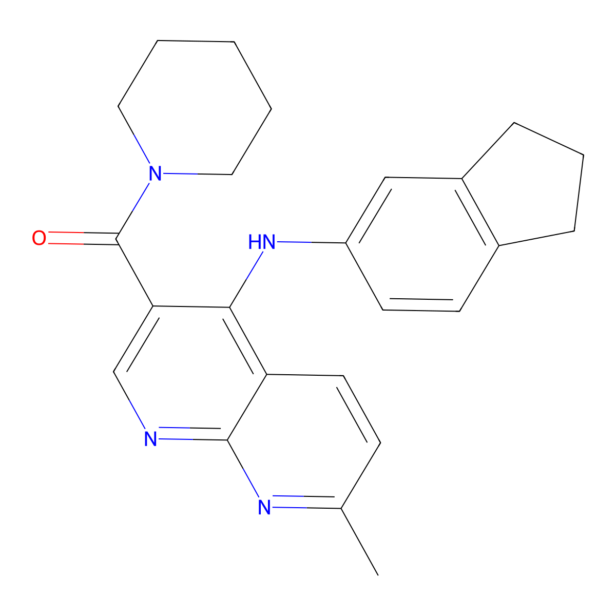 (4-((2,3-dihydro-1H-inden-5-yl)amino)-7-methyl-1,8-naphthyridin-3-yl)(piperidin-1-yl)methanone molecular structure, CAS 1251618-86-6