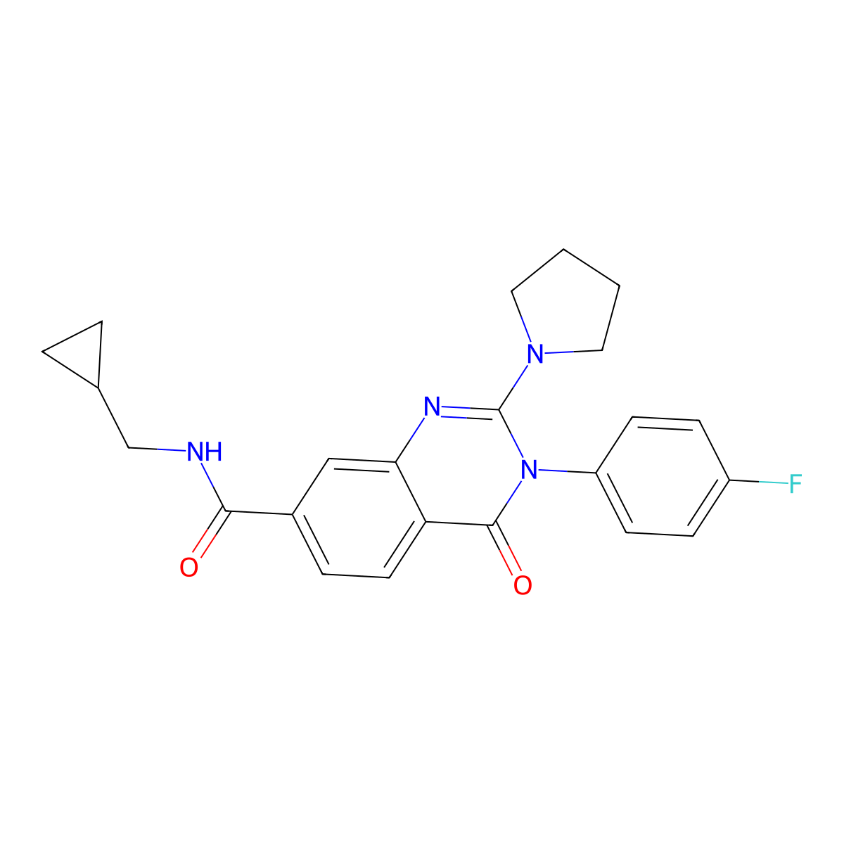 N-(cyclopropylmethyl)-3-(4-fluorophenyl)-4-oxo-2-(pyrrolidin-1-yl)-3,4-dihydroquinazoline-7-carboxamide molecular structure, CAS 1251618-97-9