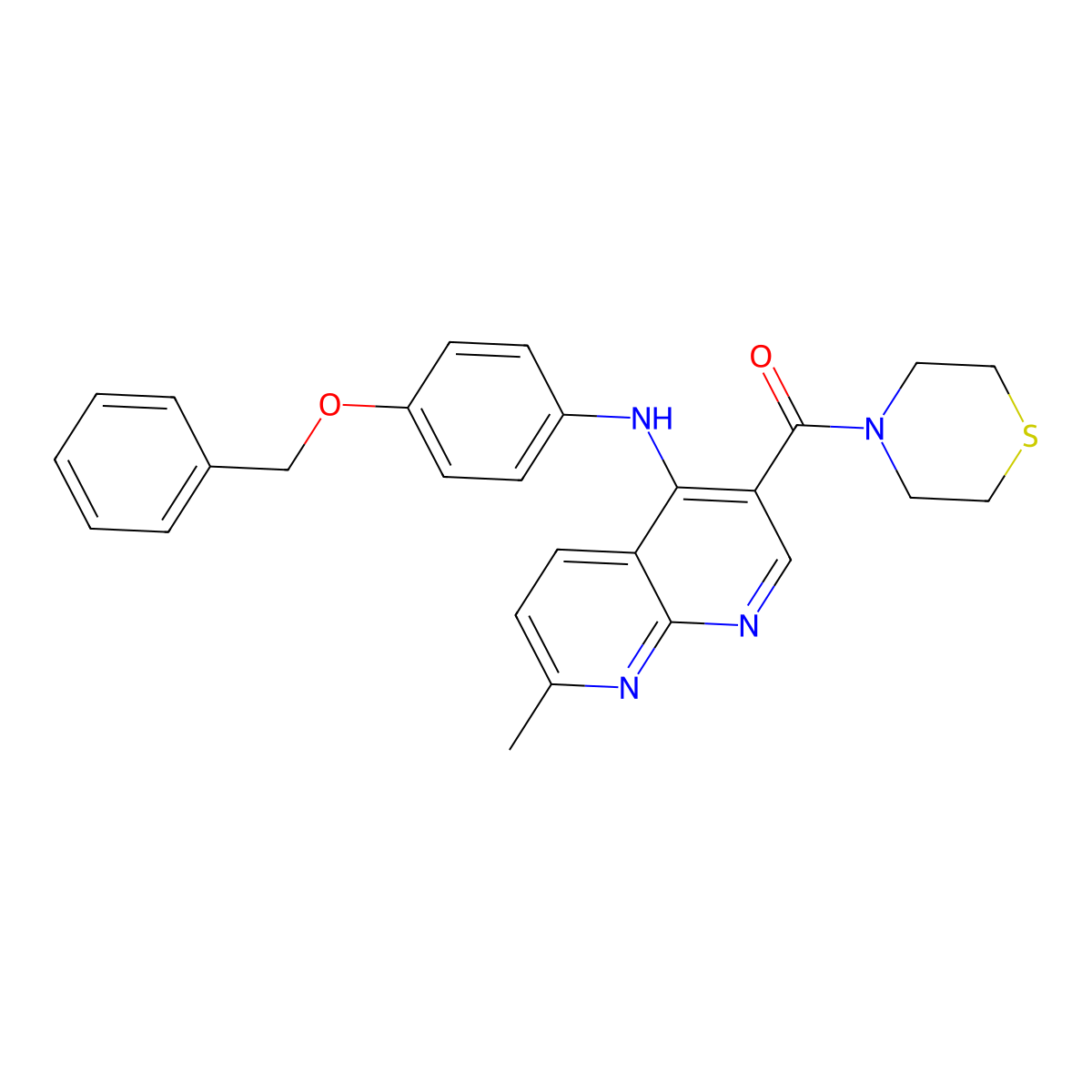 (4-((4-(Benzyloxy)phenyl)amino)-7-methyl-1,8-naphthyridin-3-yl)(thiomorpholino)methanone molecular structure, CAS 1251619-31-4
