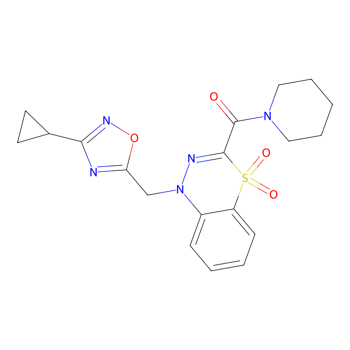(1-((3-cyclopropyl-1,2,4-oxadiazol-5-yl)methyl)-4,4-dioxido-1H-benzo[e][1,3,4]thiadiazin-3-yl)(piperidin-1-yl)methanone molecular structure, CAS 1251619-38-1