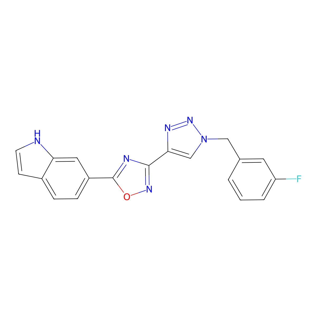 3-(1-(3-fluorobenzyl)-1H-1,2,3-triazol-4-yl)-5-(1H-indol-6-yl)-1,2,4-oxadiazole molecular structure, CAS 1251619-44-9