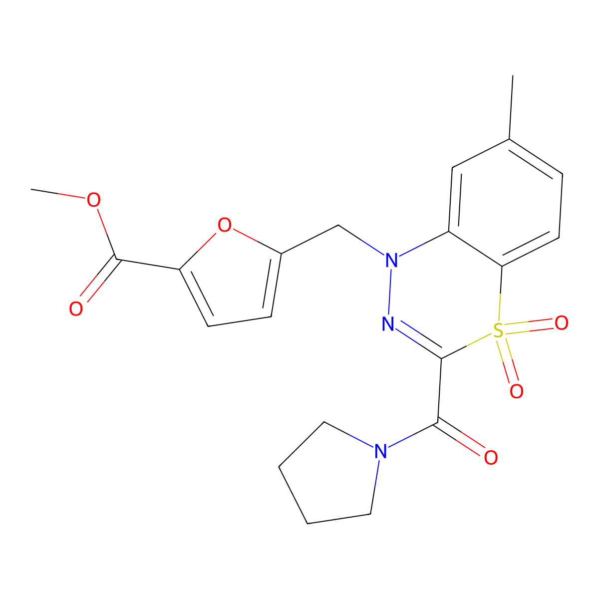methyl 5-{[7-methyl-4,4-dioxo-3-(pyrrolidine-1-carbonyl)-1H-4lambda6,1,2-benzothiadiazin-1-yl]methyl}furan-2-carboxylate molecular structure, CAS 1251619-61-0