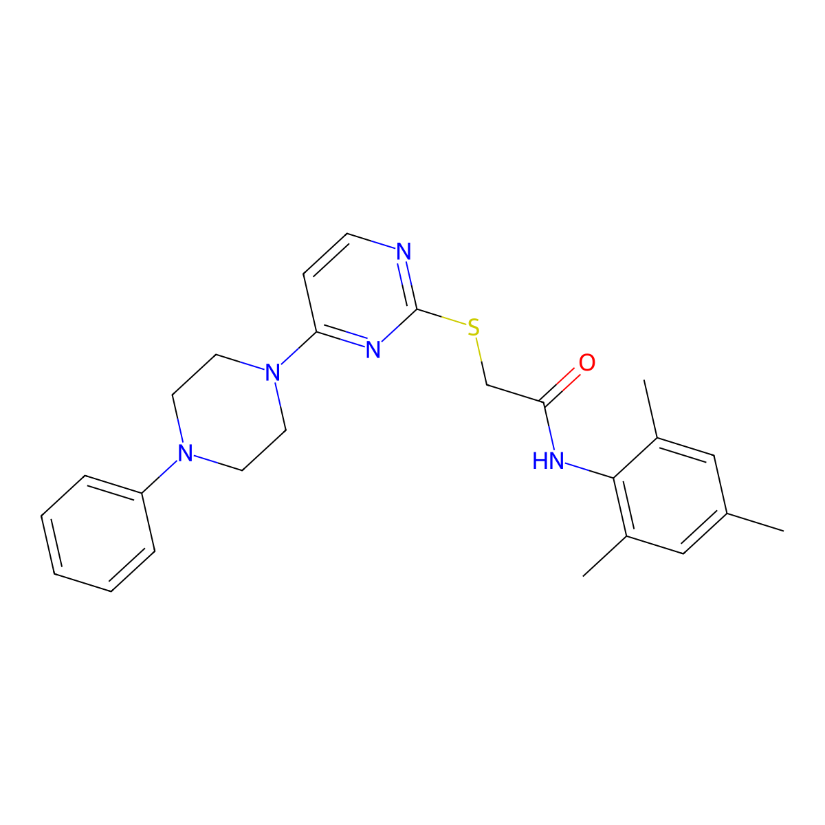 N-mesityl-2-((4-(4-phenylpiperazin-1-yl)pyrimidin-2-yl)thio)acetamide molecular structure, CAS 1251619-72-3