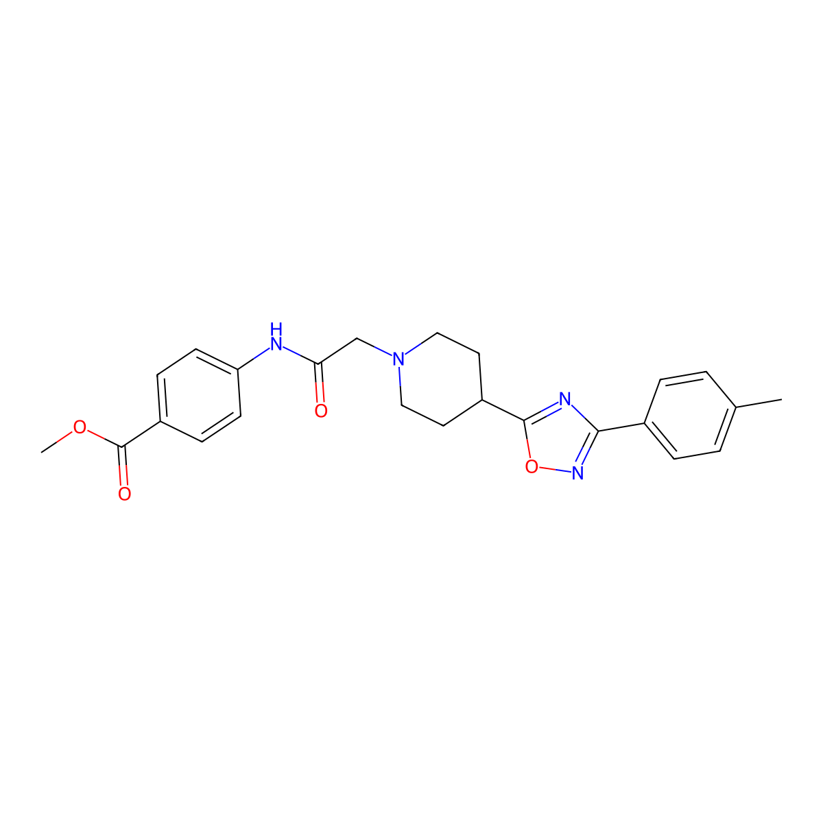 Methyl 4-(2-(4-(3-(p-tolyl)-1,2,4-oxadiazol-5-yl)piperidin-1-yl)acetamido)benzoate molecular structure, CAS 1251619-73-4