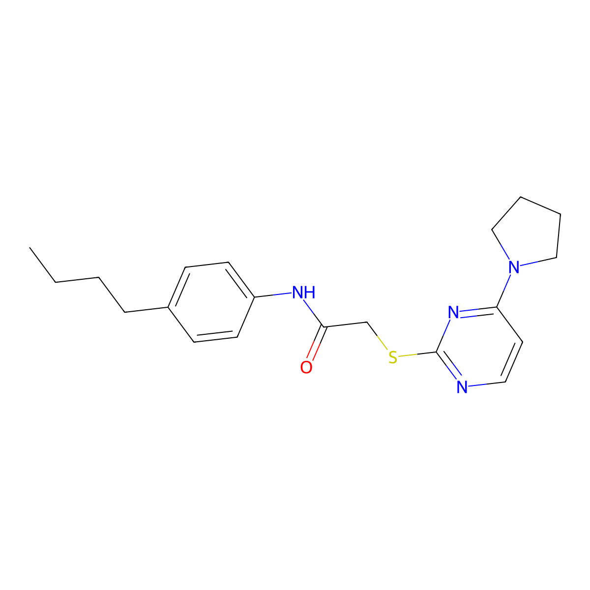 N-(4-butylphenyl)-2-((4-(pyrrolidin-1-yl)pyrimidin-2-yl)thio)acetamide molecular structure, CAS 1251619-77-8
