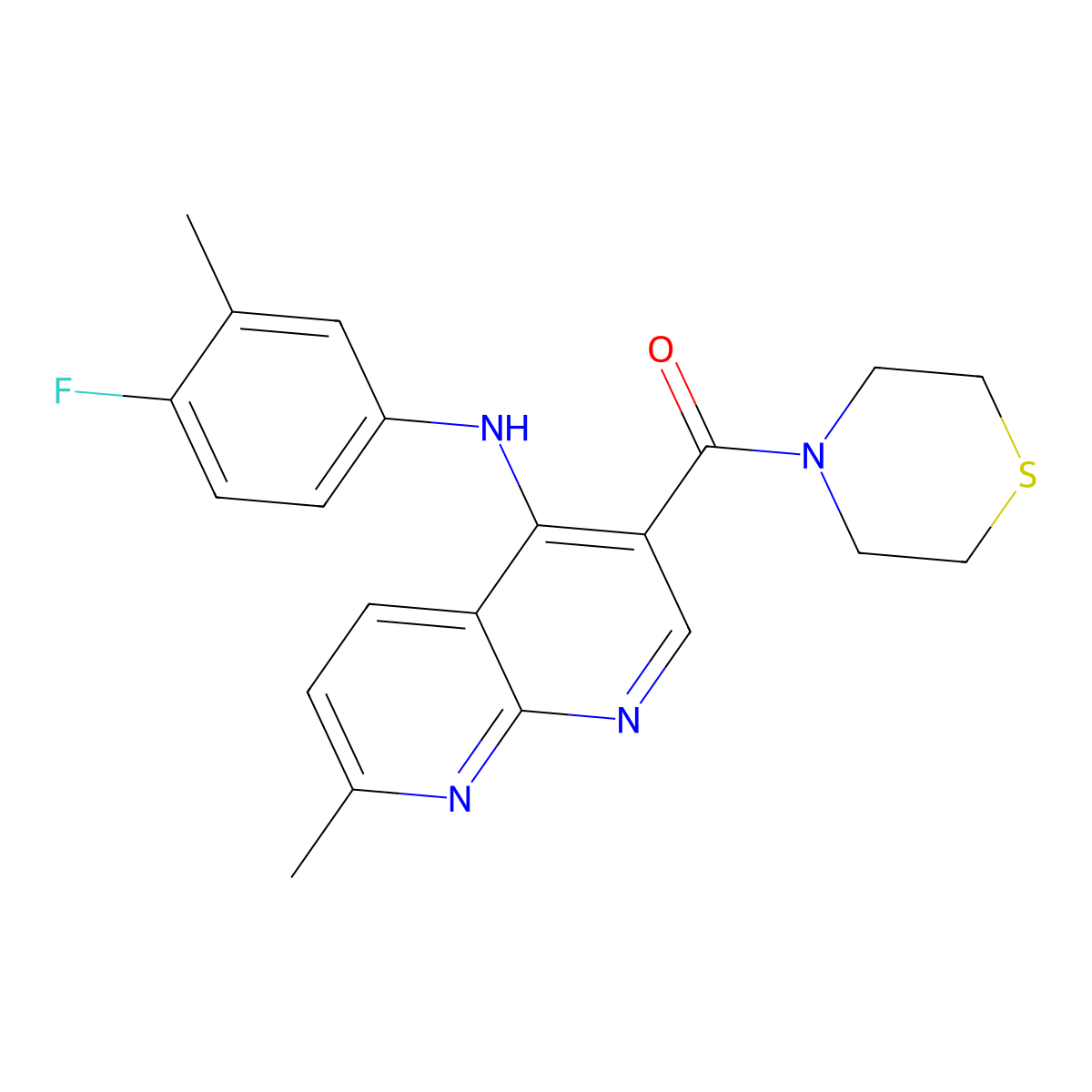 (4-((4-Fluoro-3-methylphenyl)amino)-7-methyl-1,8-naphthyridin-3-yl)(thiomorpholino)methanone molecular structure, CAS 1251619-79-0