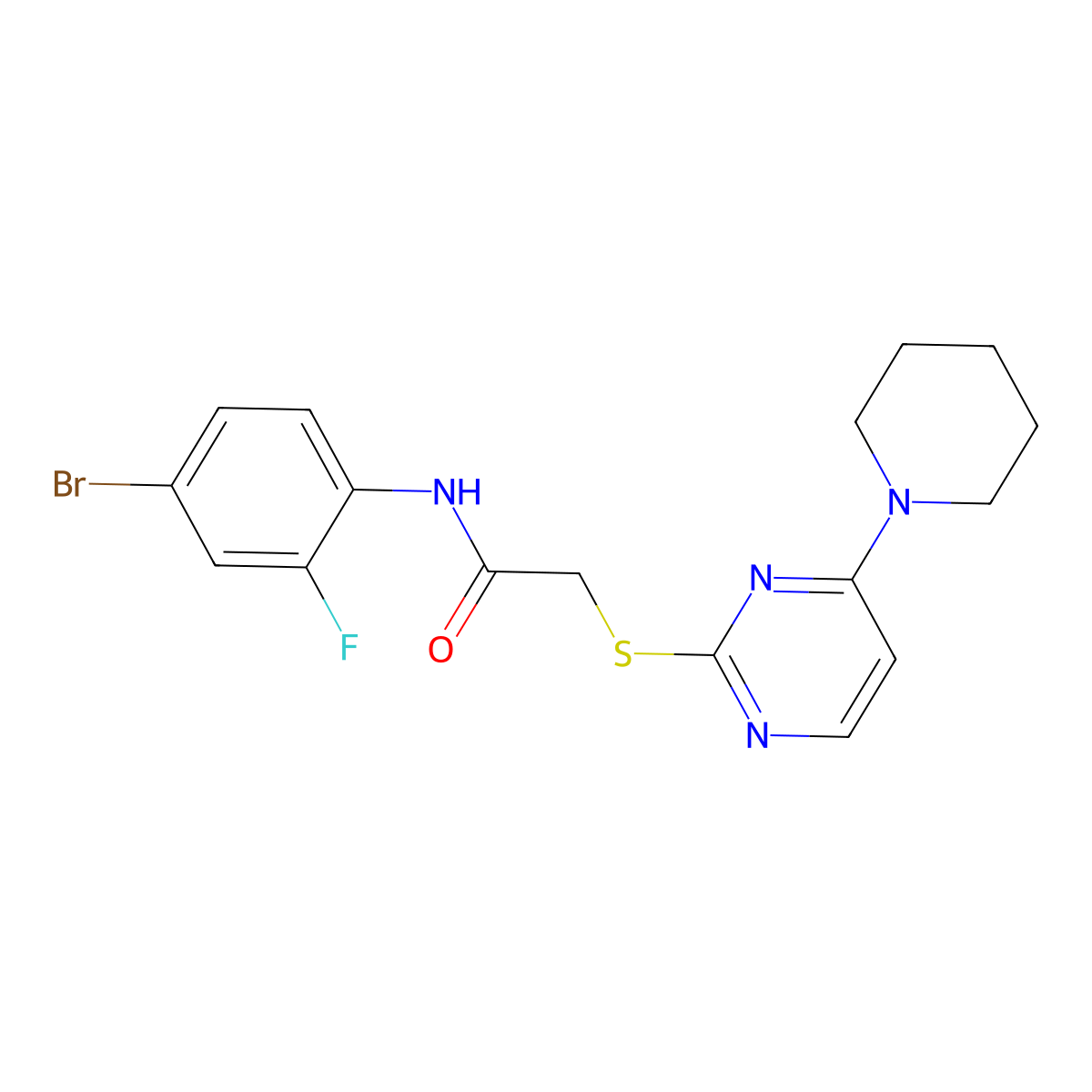 N-(4-bromo-2-fluorophenyl)-2-((4-(piperidin-1-yl)pyrimidin-2-yl)thio)acetamide molecular structure, CAS 1251619-84-7