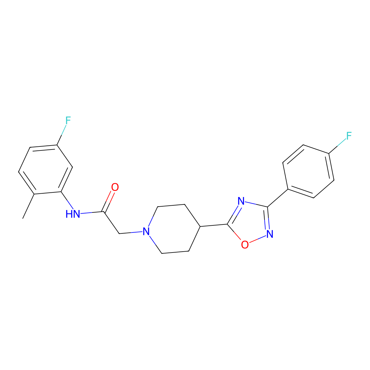 N-(5-fluoro-2-methylphenyl)-2-(4-(3-(4-fluorophenyl)-1,2,4-oxadiazol-5-yl)piperidin-1-yl)acetamide molecular structure, CAS 1251619-86-9
