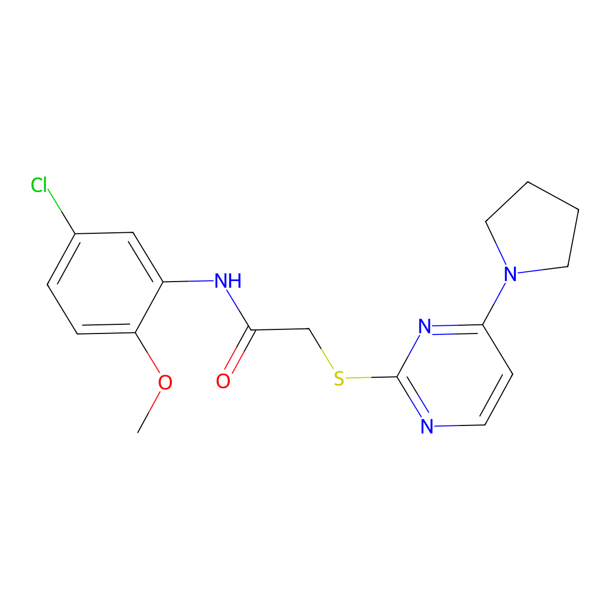N-(5-chloro-2-methoxyphenyl)-2-((4-(pyrrolidin-1-yl)pyrimidin-2-yl)thio)acetamide molecular structure, CAS 1251619-87-0