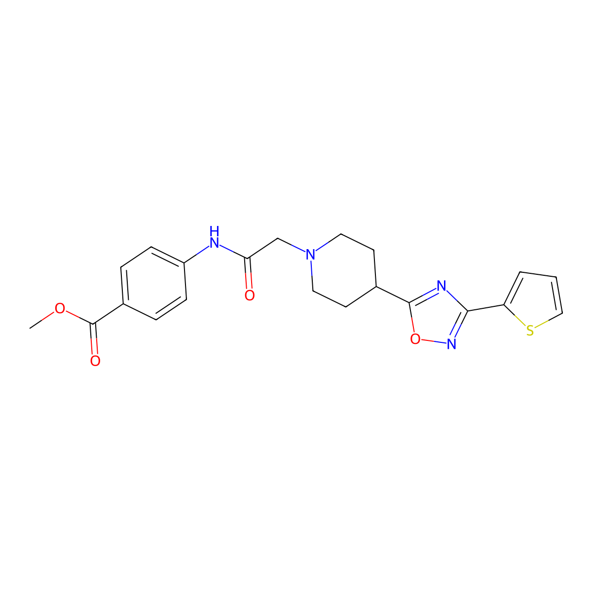 Methyl 4-(2-{4-[3-(thiophen-2-yl)-1,2,4-oxadiazol-5-yl]piperidin-1-yl}acetamido)benzoate molecular structure, CAS 1251619-91-6