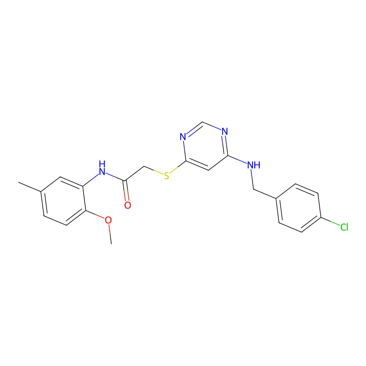 2-[(6-{[(4-chlorophenyl)methyl]amino}pyrimidin-4-yl)sulfanyl]-N-(2-methoxy-5-methylphenyl)acetamide molecular structure, CAS 1251619-92-7
