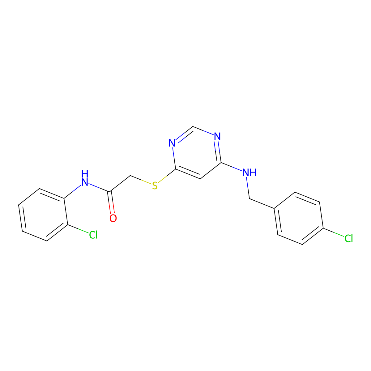 2-({6-[(4-chlorobenzyl)amino]pyrimidin-4-yl}sulfanyl)-N-(2-chlorophenyl)acetamide molecular structure, CAS 1251619-95-0