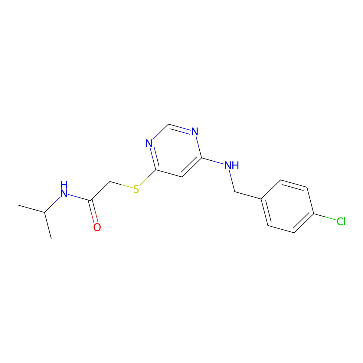 2-((6-((4-chlorobenzyl)amino)pyrimidin-4-yl)thio)-N-isopropylacetamide molecular structure, CAS 1251619-98-3