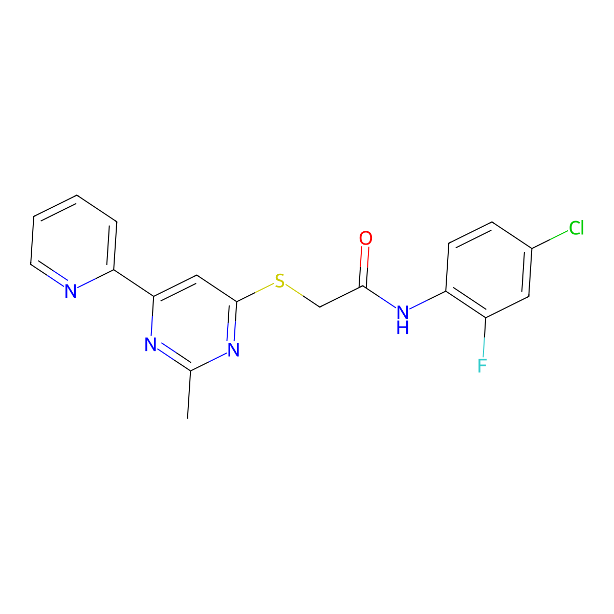 N-(4-chloro-2-fluorophenyl)-2-((2-methyl-6-(pyridin-2-yl)pyrimidin-4-yl)thio)acetamide molecular structure, CAS 1251620-41-3