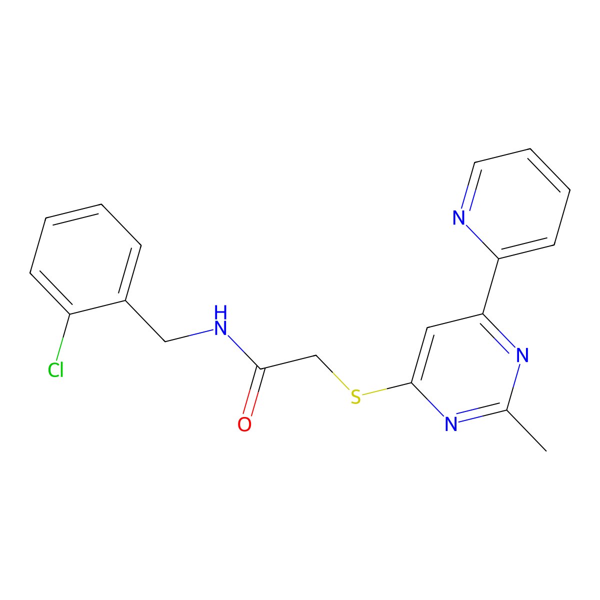 N-(2-chlorobenzyl)-2-((2-methyl-6-(pyridin-2-yl)pyrimidin-4-yl)thio)acetamide molecular structure, CAS 1251620-45-7