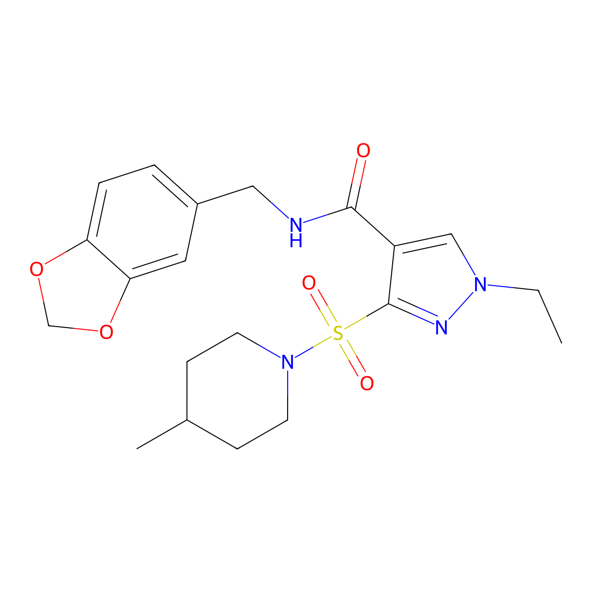 N-(benzo[d][1,3]dioxol-5-ylmethyl)-1-ethyl-3-((4-methylpiperidin-1-yl)sulfonyl)-1H-pyrazole-4-carboxamide molecular structure, CAS 1251620-55-9