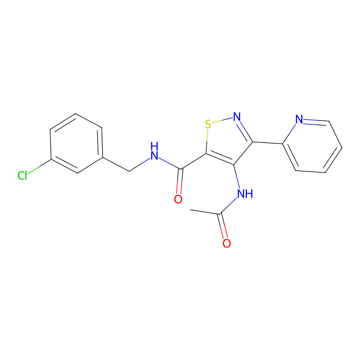 N-[(3-chlorophenyl)methyl]-4-acetamido-3-(pyridin-2-yl)-1,2-thiazole-5-carboxamide molecular structure, CAS 1251620-68-4