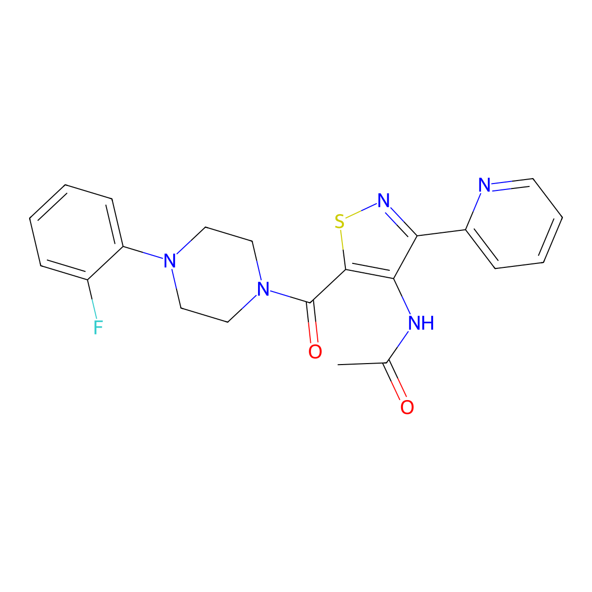 N-(5-(4-(2-fluorophenyl)piperazine-1-carbonyl)-3-(pyridin-2-yl)isothiazol-4-yl)acetamide molecular structure, CAS 1251620-73-1