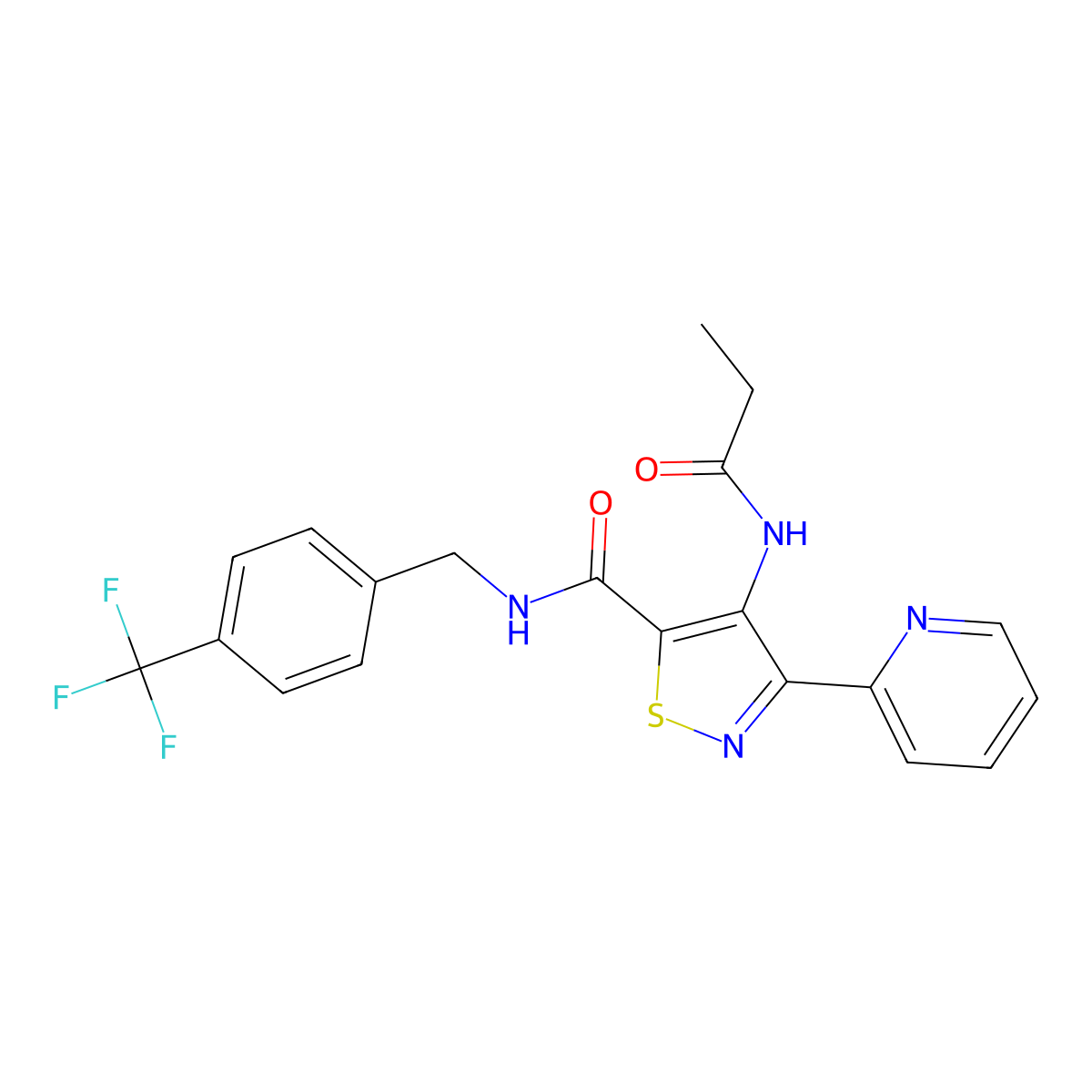 4-propionamido-3-(pyridin-2-yl)-N-(4-(trifluoromethyl)benzyl)isothiazole-5-carboxamide molecular structure, CAS 1251620-78-6