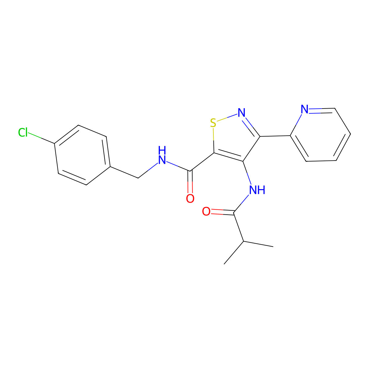N-[(4-chlorophenyl)methyl]-4-(2-methylpropanamido)-3-(pyridin-2-yl)-1,2-thiazole-5-carboxamide molecular structure, CAS 1251620-86-6