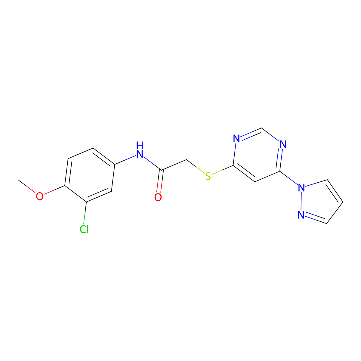 2-((6-(1H-pyrazol-1-yl)pyrimidin-4-yl)thio)-N-(3-chloro-4-methoxyphenyl)acetamide molecular structure, CAS 1251620-90-2